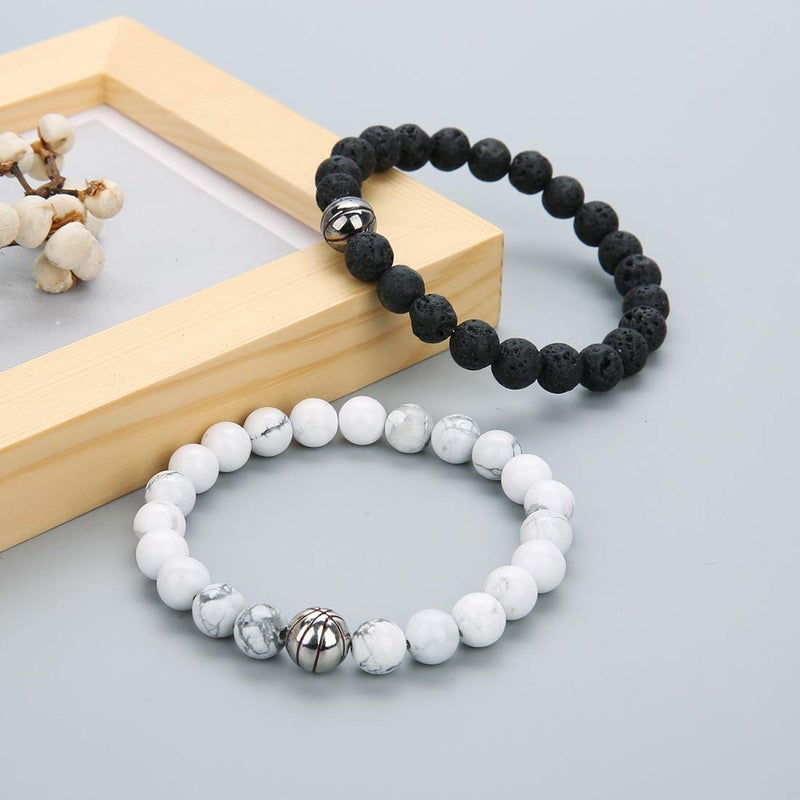 Linsoir beads Trendy Basketball Bracelet Men Beaded Stretchy Bracelet Lave Stone/White Turquoise/Matte Black Stone Beaded Bracelet Sports Jewelry for Basketball Lovers 1 pcs - Image 2